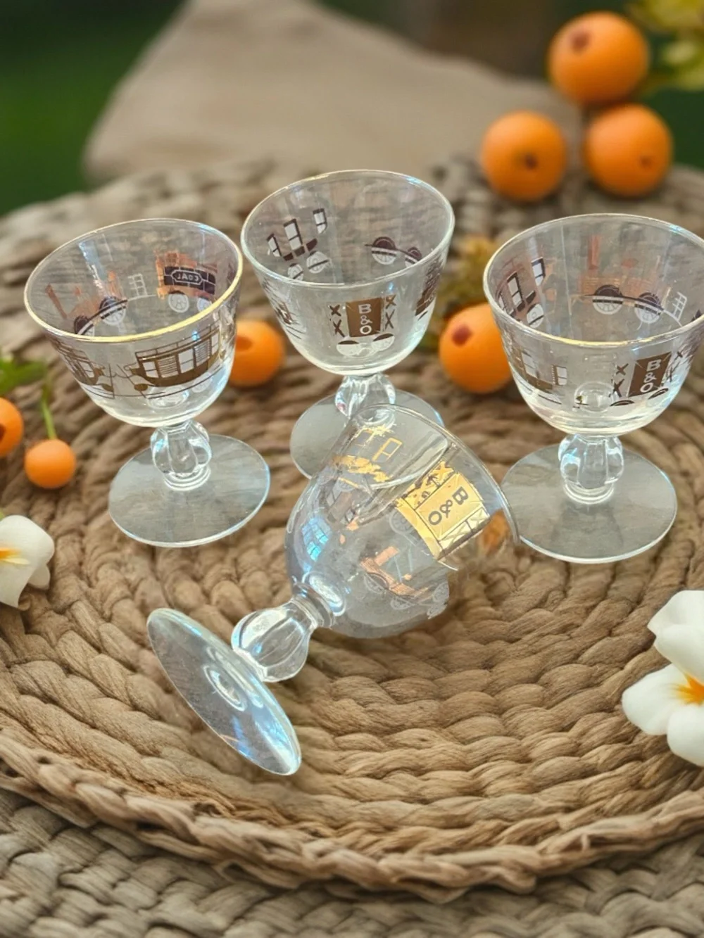 Four Vintage MCM Libby B&0 Railroad Gold Leaf Cordial BarWare Glasses